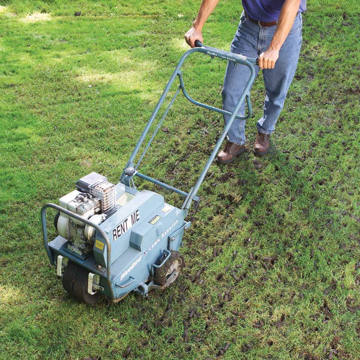 Man-walks-behind-lawn-aerator