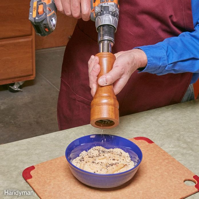 Drill-powered pepper mill.