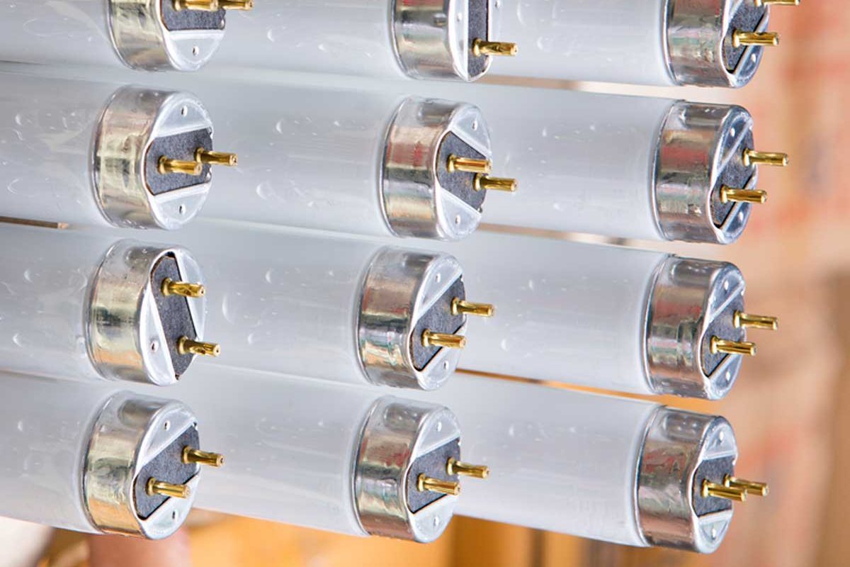 Fluorescent light tubes are displayed, vertically aligned, showcasing metallic ends with brass pins, set against a blurred background of warm tones.