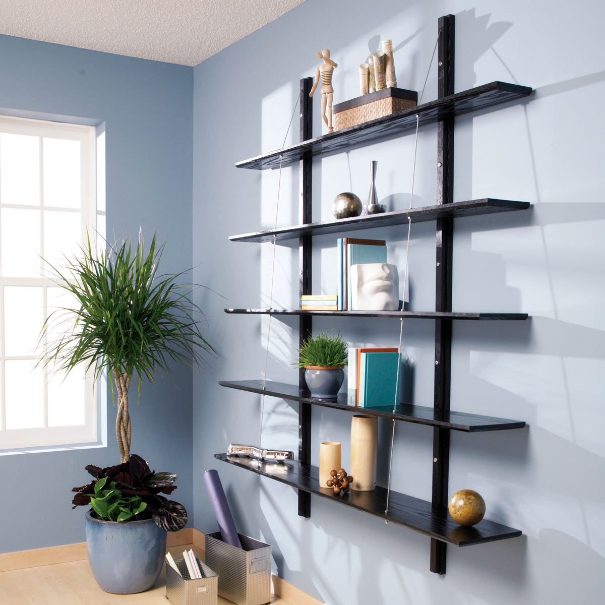 A black shelf displays various decorative items, books, and plants, positioned against a light blue wall, with natural light streaming through a nearby window.