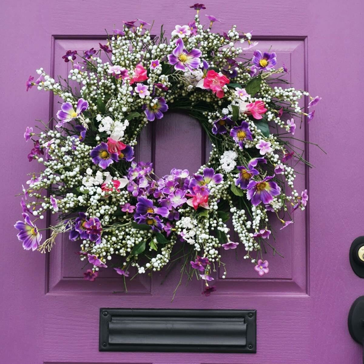 purple front door floral wreath