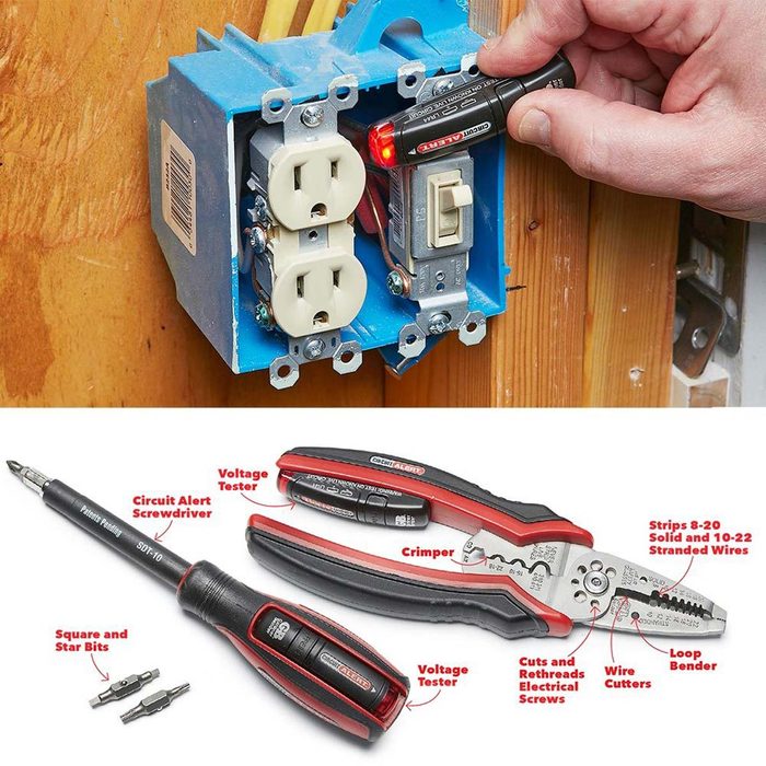 A hand uses a voltage tester on an electrical box containing outlets and a switch, while tools like a crimper and screwdriver are displayed below.