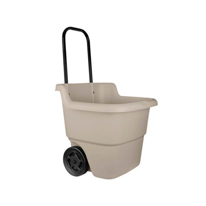 A beige wheeled cart with a black handle stands upright, designed for transporting items easily across various surfaces.