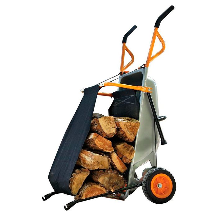 A log cart, filled with chopped wood, is positioned upright. It features orange handles, a black fabric holder, and rolls on an orange-wheeled base.