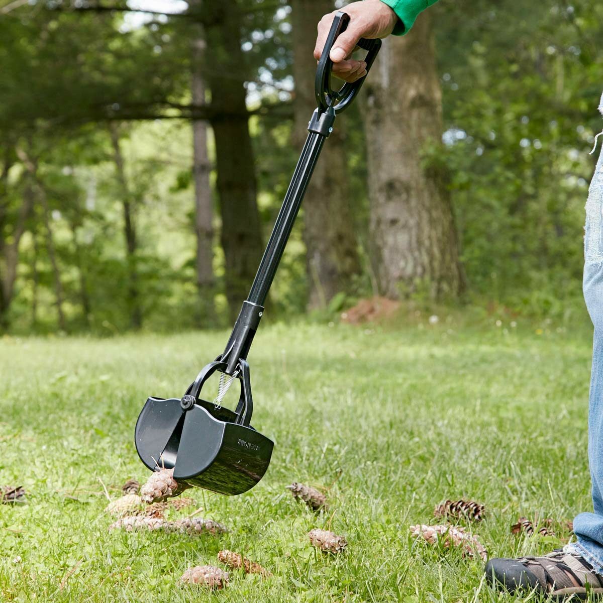 A person uses a black garden tool to pick up pine cones from a grassy area surrounded by trees.