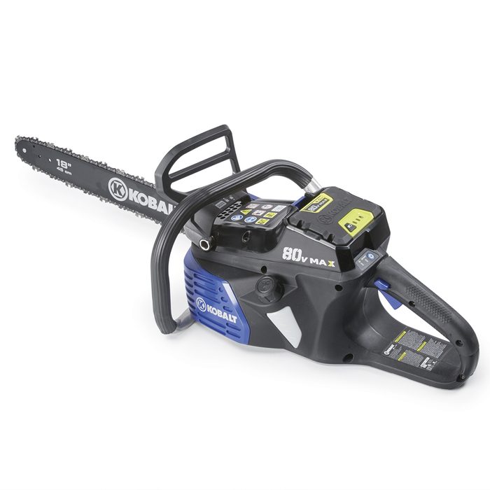 A battery-powered chainsaw features an 18-inch bar, designed for cutting wood, with a comfortable handle and electronic controls for operation.