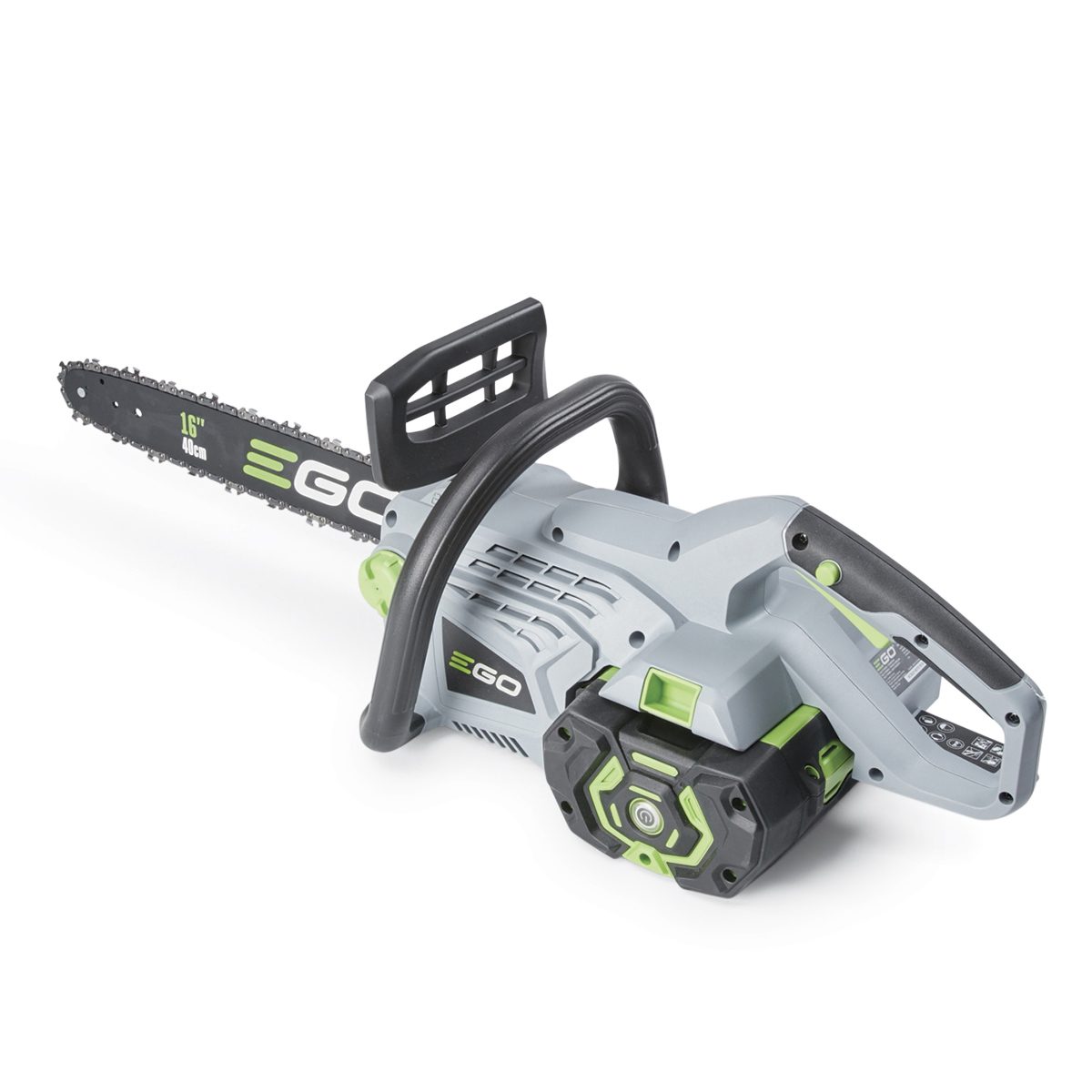 A cordless chainsaw rests on a flat surface, featuring a 16-inch blade and a green and gray body, designed for cutting wood.