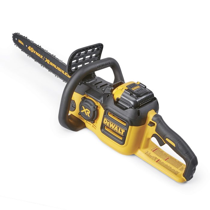 A cordless chainsaw with a 16-inch bar, labeled with the DEWALT logo, sits on a plain background, designed for cutting wood efficiently.