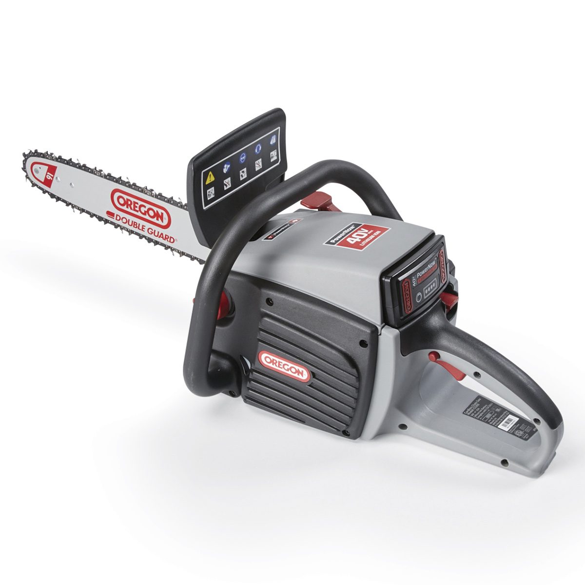 A chainsaw rests on a flat surface, with a guide bar and sharp teeth ready for cutting, showcasing a digital display and ergonomic handle.