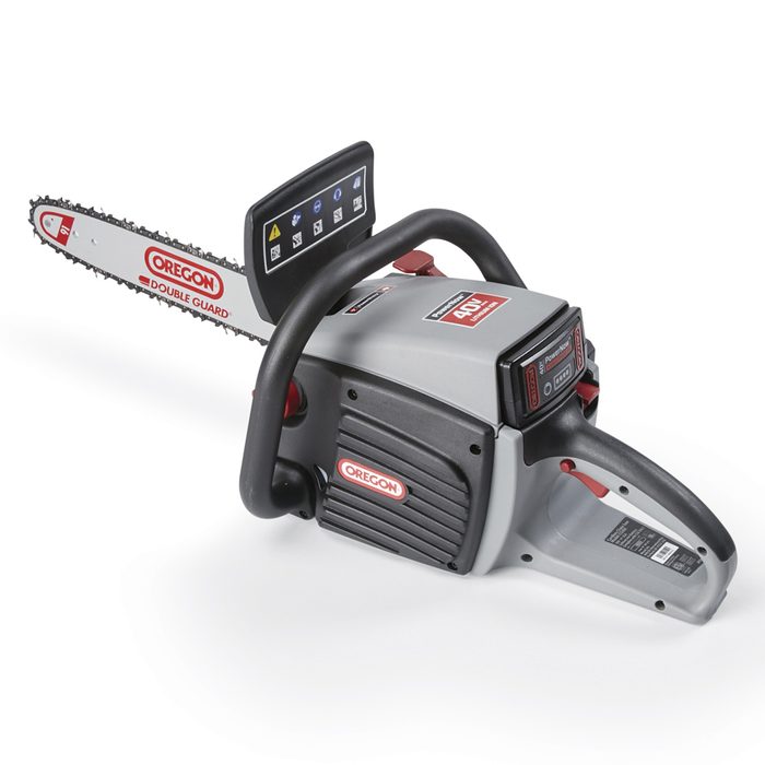 A chainsaw rests on a flat surface, with a guide bar and sharp teeth ready for cutting, showcasing a digital display and ergonomic handle.