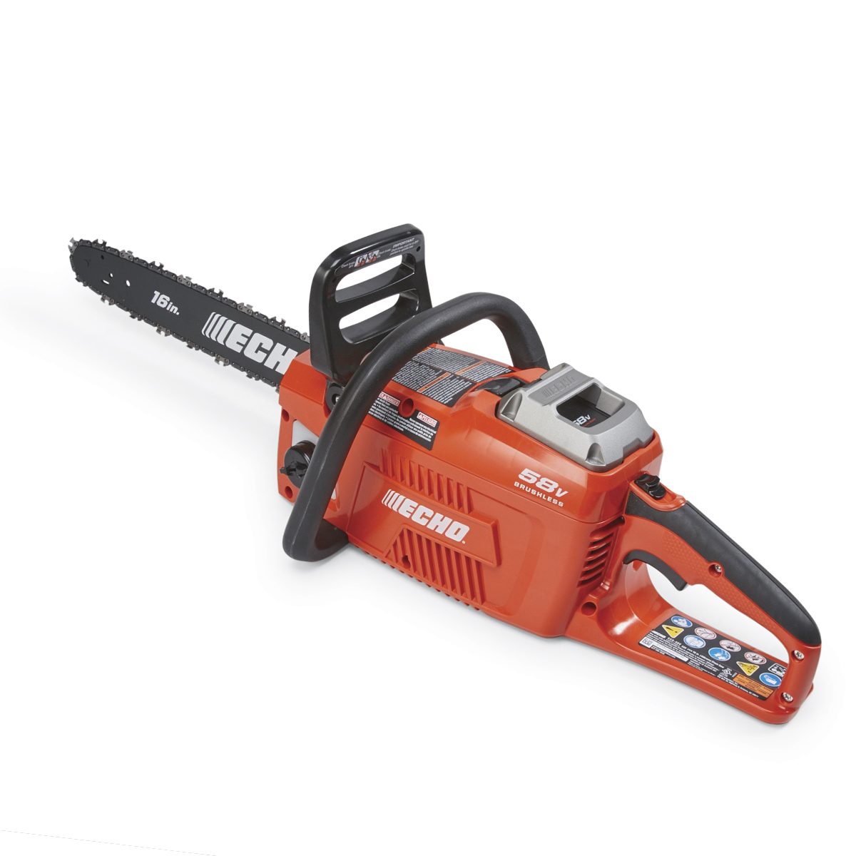 A chainsaw with a black chain and orange body rests on a white surface, designed for cutting wood in outdoor settings.
