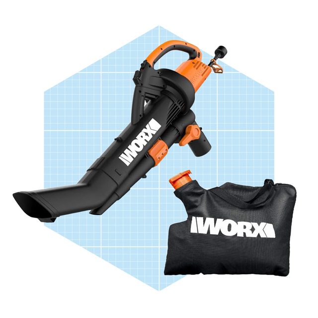 A black and orange leaf blower rests against a light blue, hexagonal background, accompanied by a black collection bag with the same brand logo.