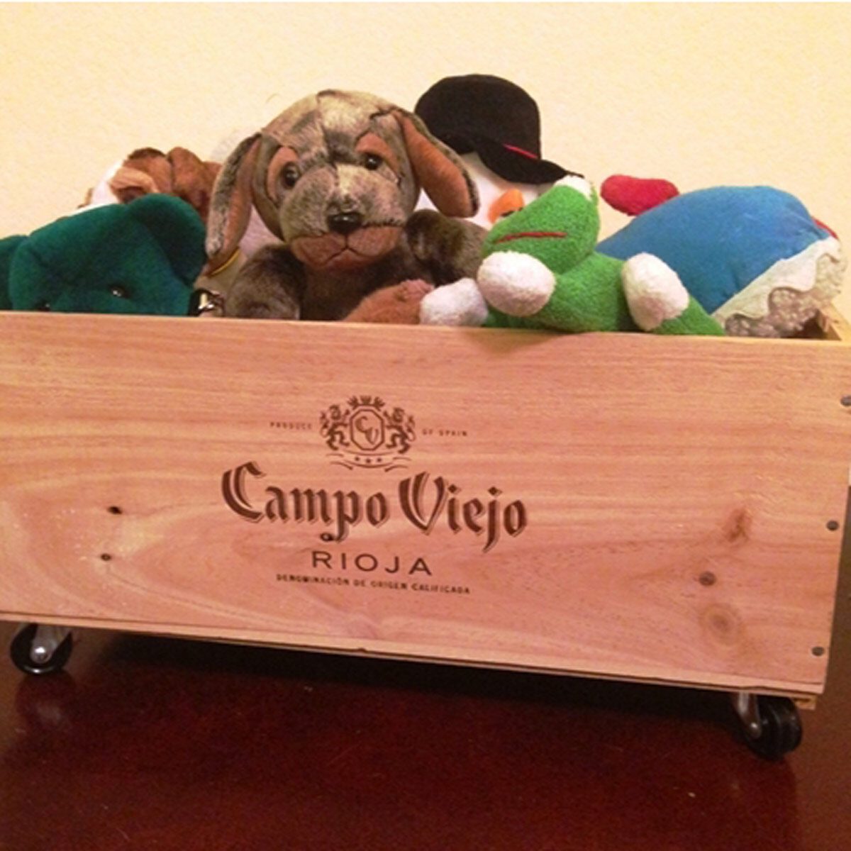 A wooden box labeled 