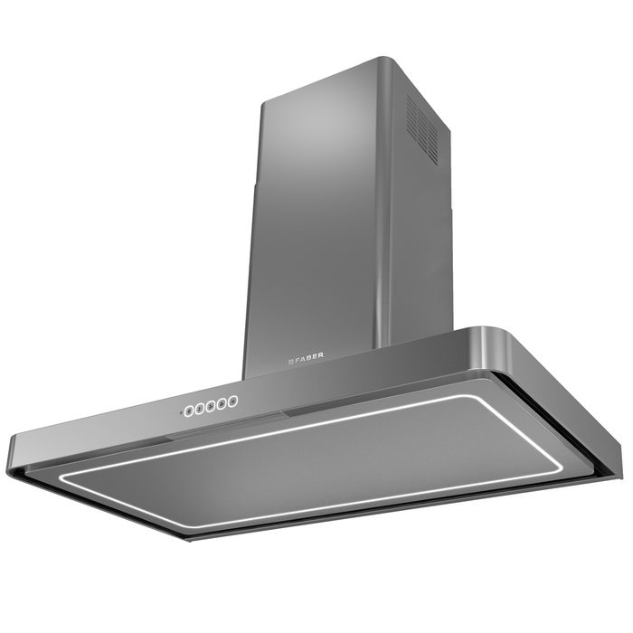 A modern kitchen exhaust hood hangs above a stovetop, designed to eliminate smoke and odors while cooking in a contemporary kitchen environment.