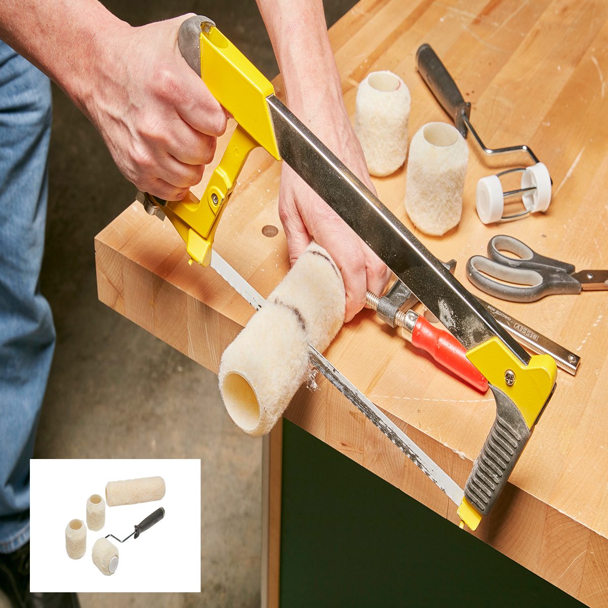 Cutting paint rollers to make mini rollers