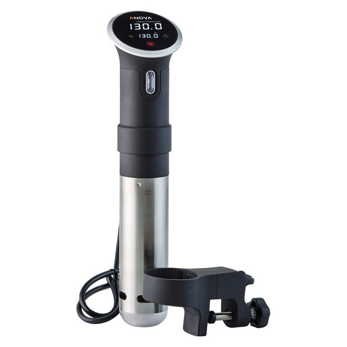 A sleek immersion circulator heats water to 130°F for sous vide cooking, designed with a digital display and a locking clamp for stability.