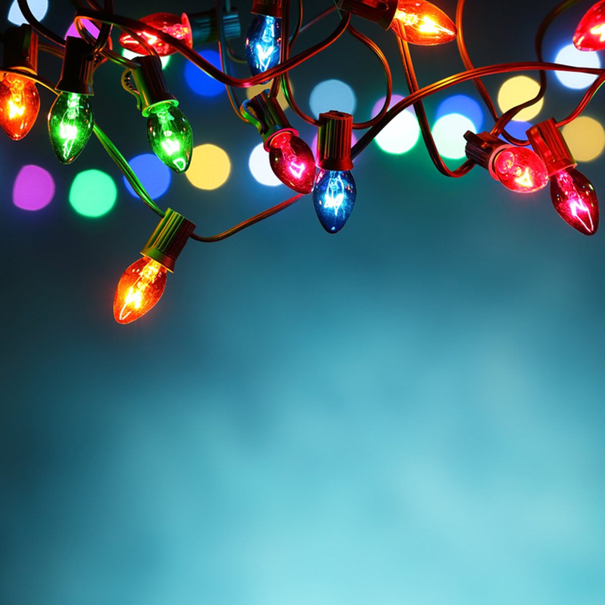 Colorful holiday lights hang down, illuminating their surroundings, against a soft blue background with blurred bokeh effects of various colors.