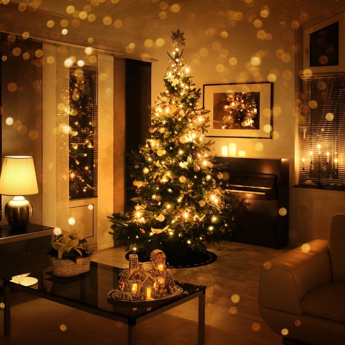A decorated Christmas tree shines with lights, surrounded by softly lit candles and festive decorations in a cozy, warmly illuminated living room.