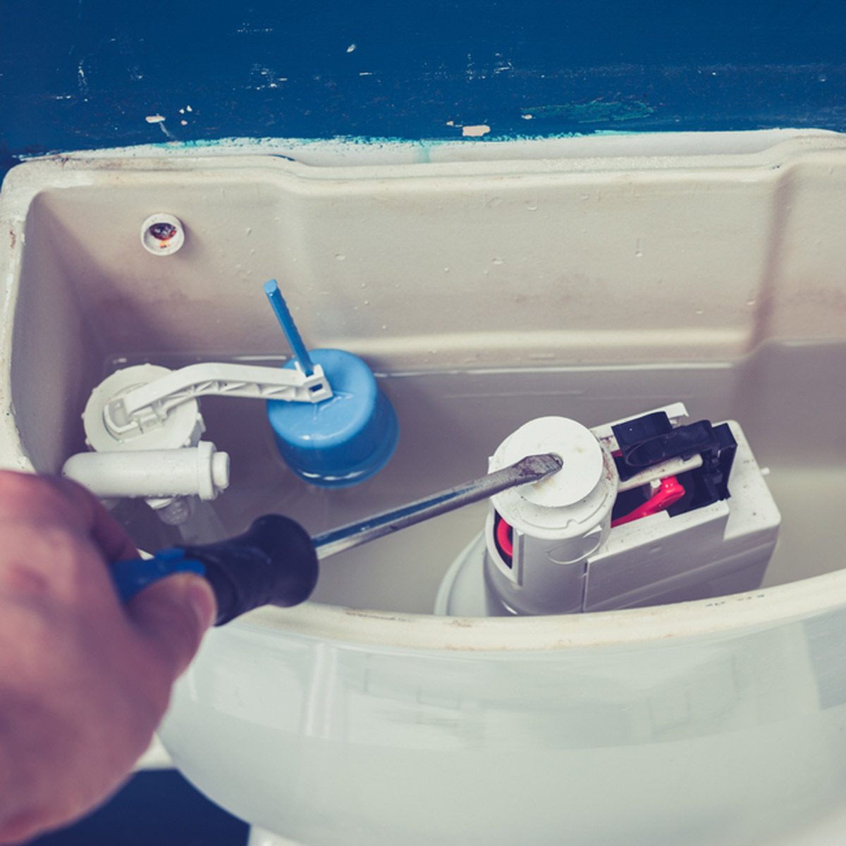A hand uses a screwdriver to adjust components inside a toilet tank filled with water, against a backdrop of a blue wall.