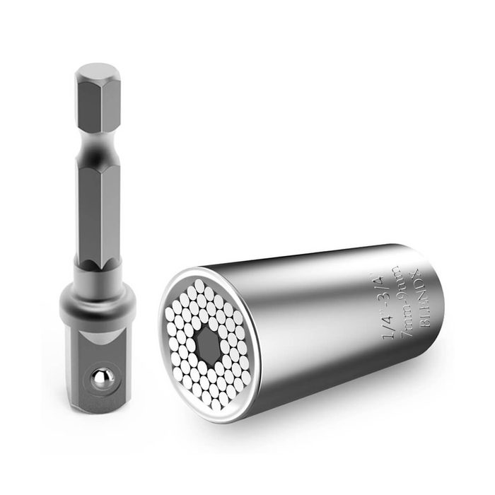 A metallic socket tool and a hex bit are positioned beside each other, used for fastening tasks. The socket has a hexagonal opening.