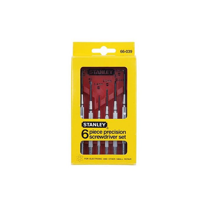 A yellow packaging contains a set of six small precision screwdrivers, designed for electronic and small repairs, showcasing their shiny metal shafts and tips.