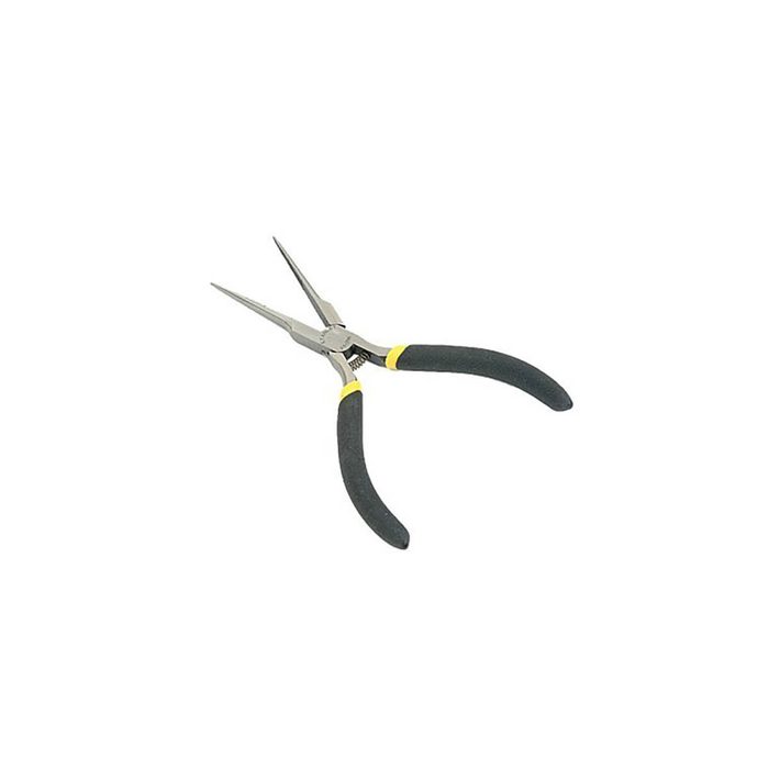 A pair of needle-nose pliers is positioned upright, showcasing its long, pointed jaws and textured rubber grips, set against a white background.