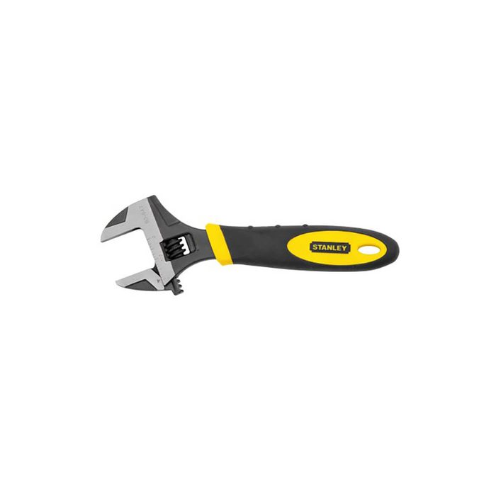 An adjustable wrench is positioned horizontally, with a metal jaws mechanism and a rubber grip handle, suitable for tightening or loosening nuts and bolts.