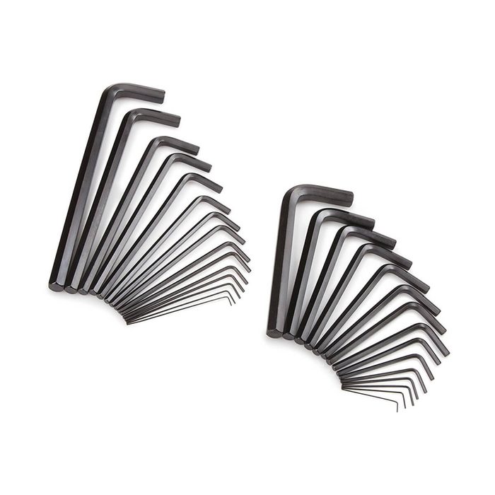 A set of black hex keys arranged in two fan shapes is displayed. The tools are intended for tightening or loosening screws in various applications.