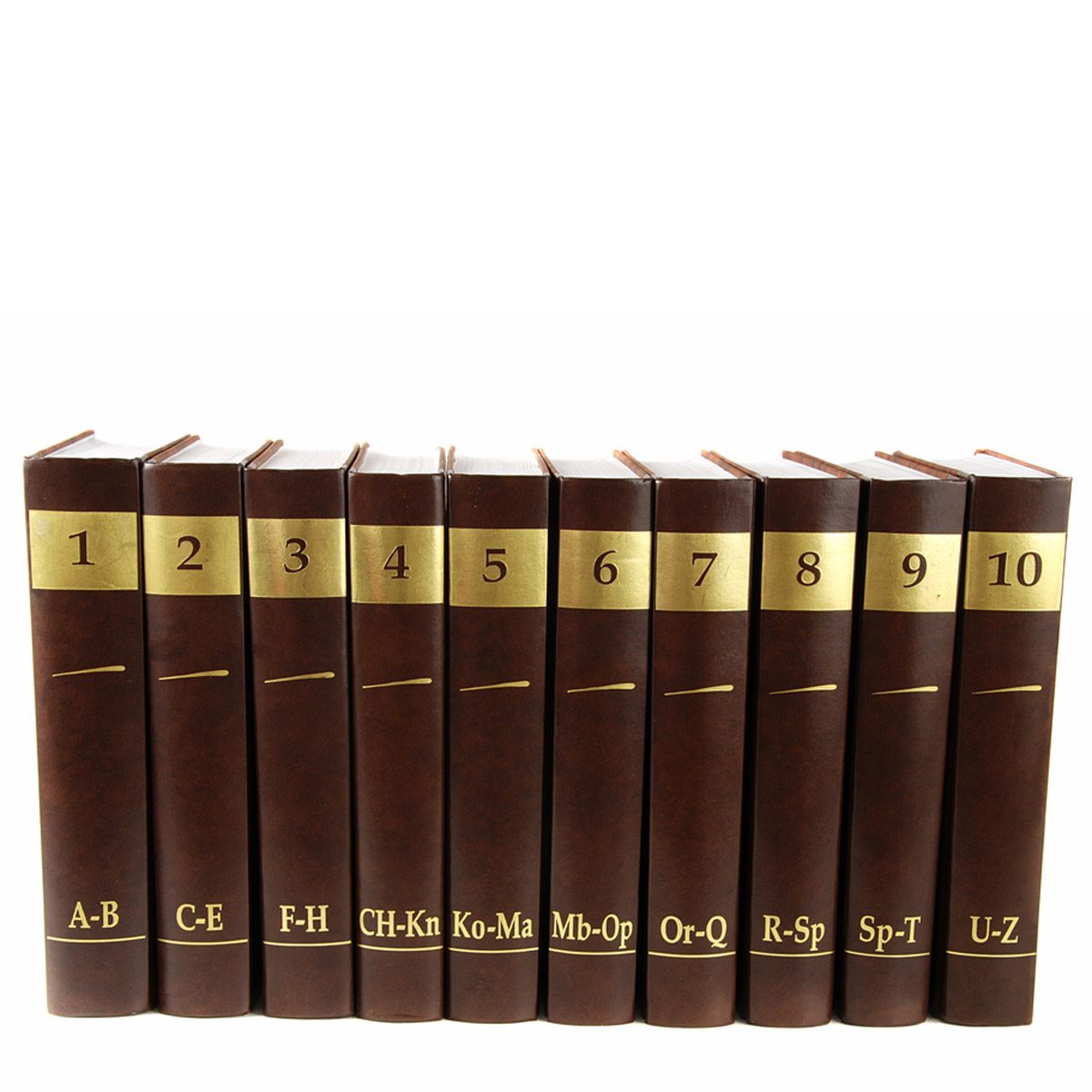 Ten brown hardcover books stand in a row, each marked with a number and a label indicating sections of an alphabetical index.