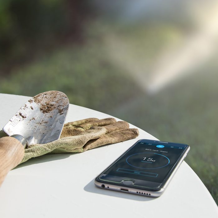 A gardening trowel rests on a dirty glove beside a smartphone displaying a timer, set against a blurred green background.