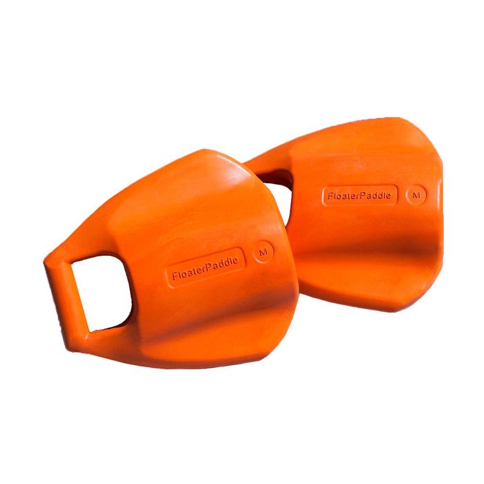 Two bright orange paddles rest side by side, designed for aquatic exercise, showcasing hand grips for improved functionality while swimming or training.