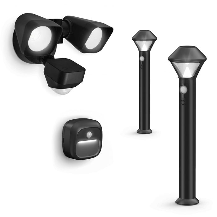 Three black outdoor lights are displayed: two standing lamps and a wall-mounted light with two bulbs, set against a plain white background.