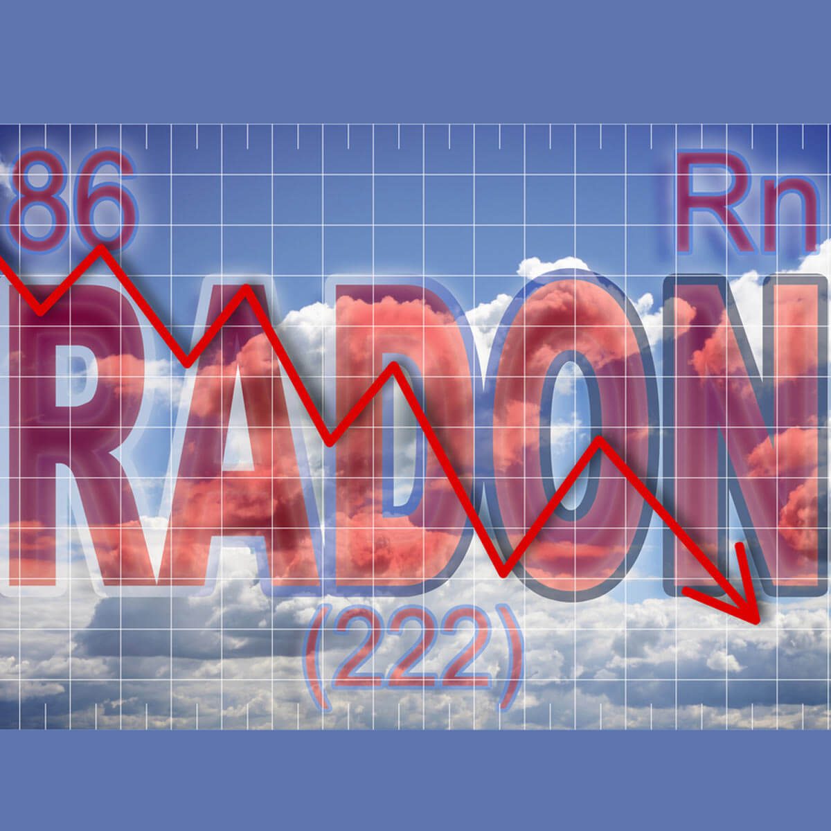 A large, bold "RADON" in red overlaying a blue sky with clouds, alongside a declining graph with a red line pointing downward, indicating decreasing levels.