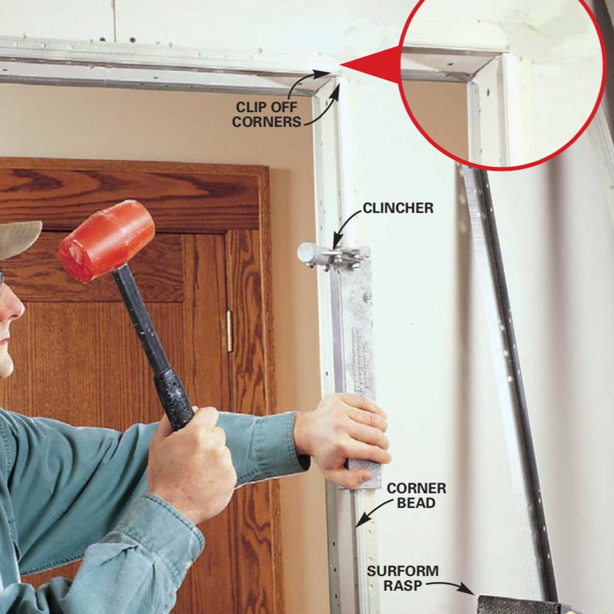 A person uses a rubber mallet to install a corner bead on drywall, surrounded by wood paneling and tools for finishing construction work.