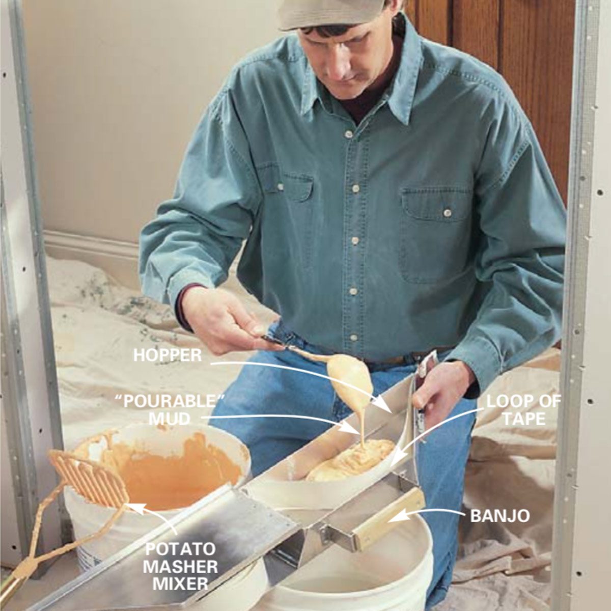 A person mixes a substance using a potato masher mixer, while pouring it from a hopper into a narrow channel, surrounded by construction materials.