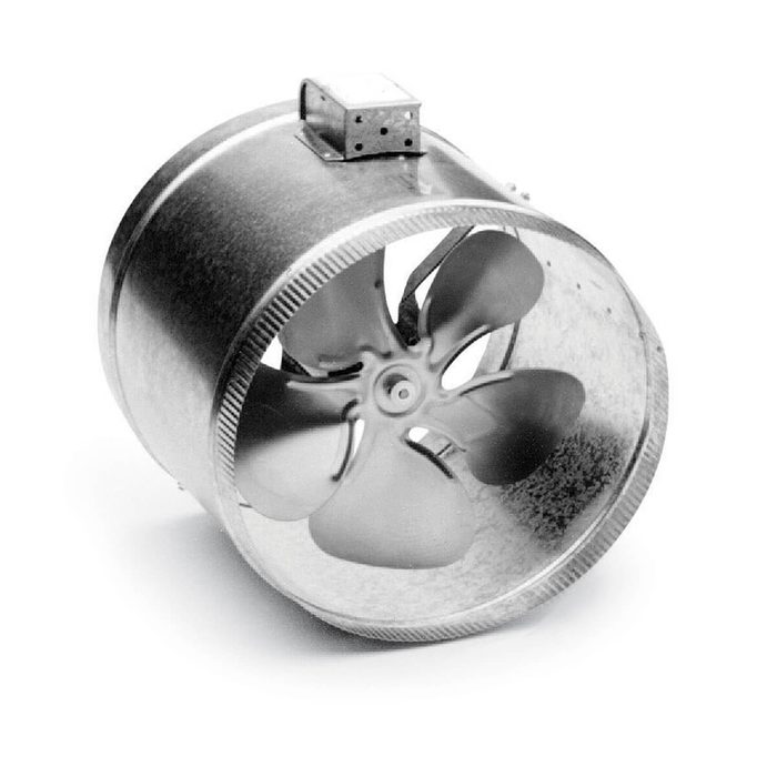 A metallic fan rotates, dispersing air in an indoor environment, highlighting its blades and cylindrical casing against a plain backdrop.