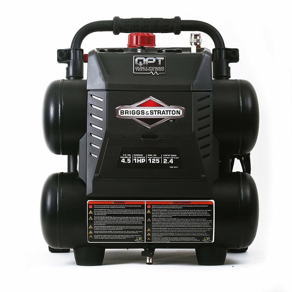 A compact air compressor is stationary, featuring two cylindrical tanks and a control panel, designed for powering tools in workshops or outdoor settings.