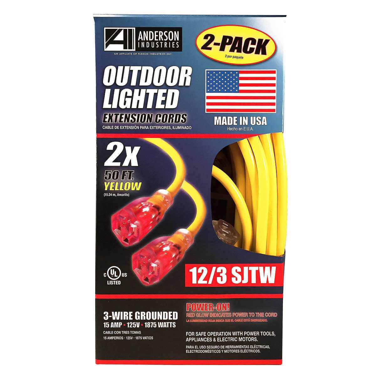 Two bright yellow outdoor extension cords, each 50 feet long, are displayed on packaging, featuring red illuminated ends and safety information for usage.