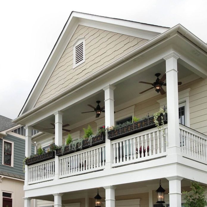 back porch with lighting fans