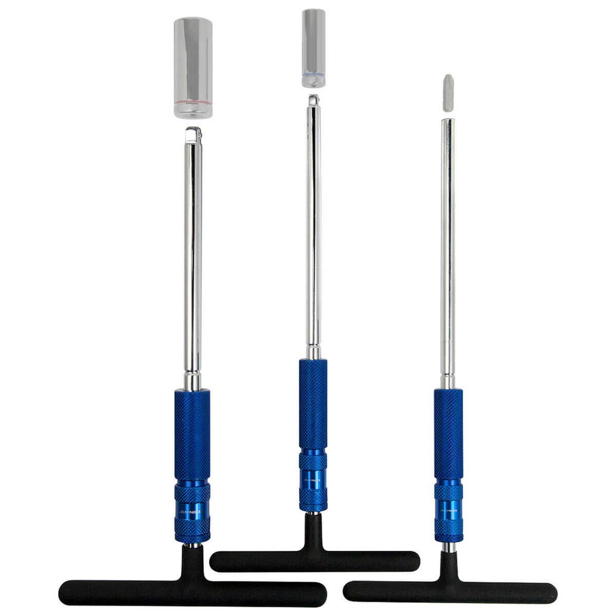 Three adjustable blue-handled tools with black bases are positioned vertically, showcasing their extendable metal shafts and detachable ends for various tasks.
