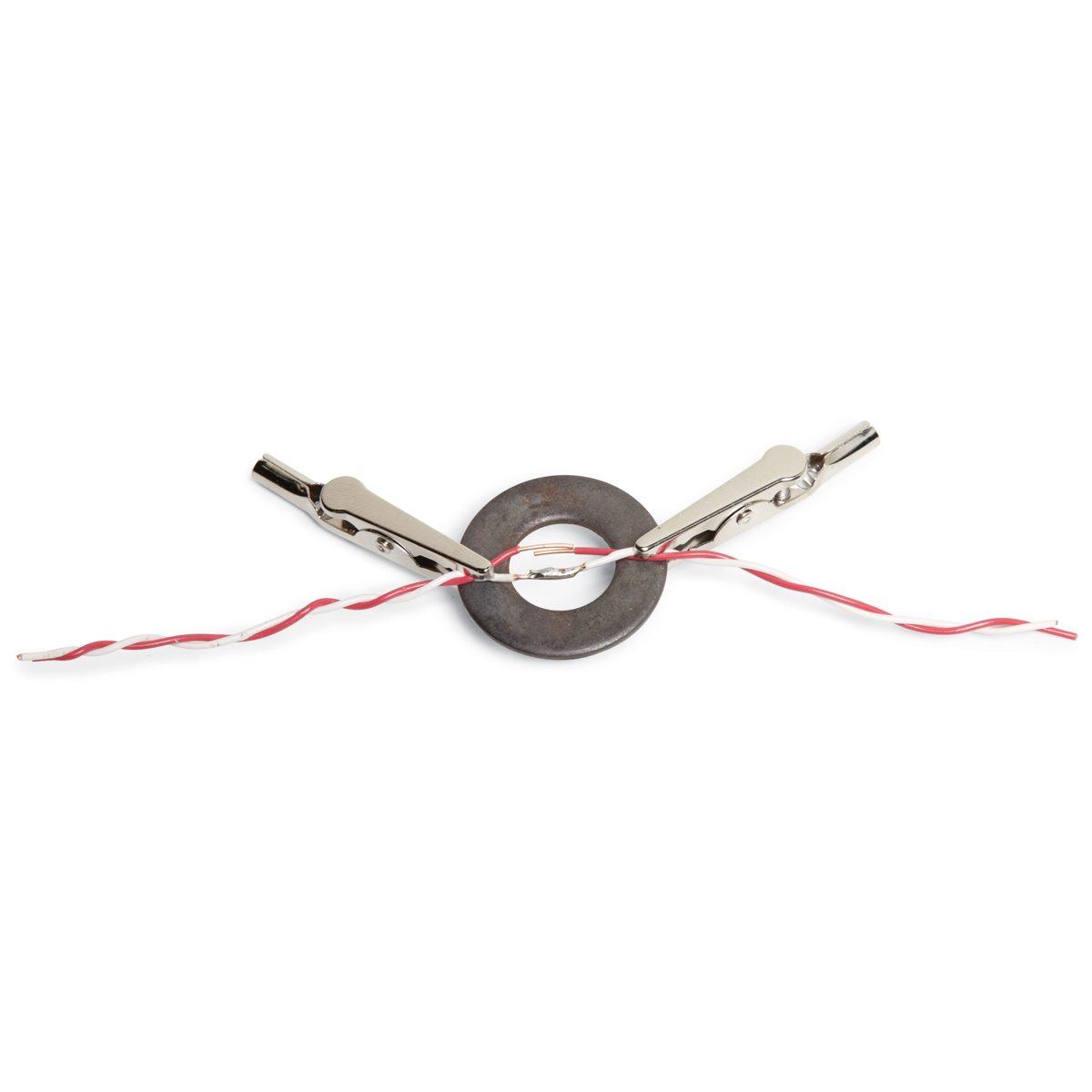Two metal clips grip twisted red and white wires around a circular magnetic object, set against a plain white background.