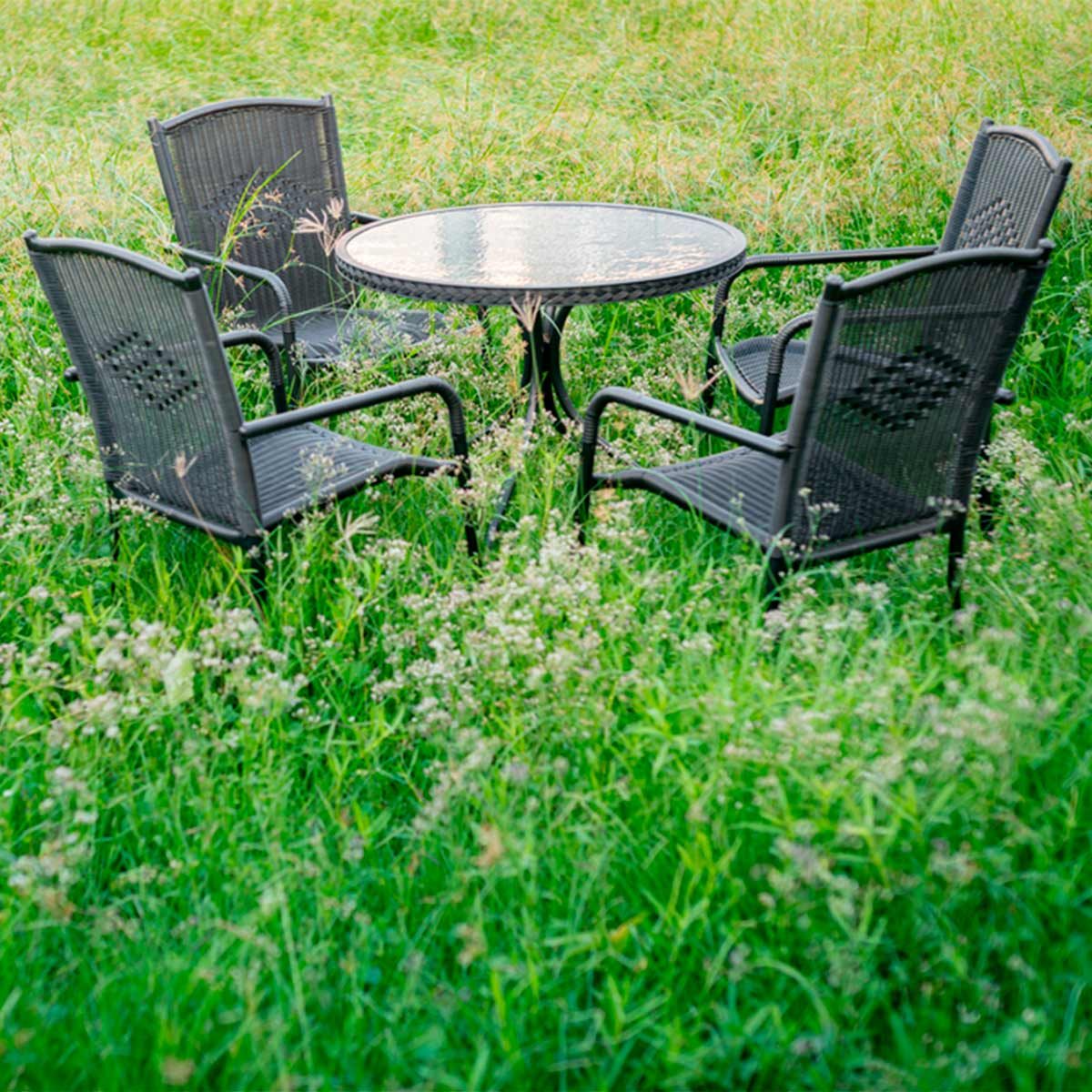 A round glass table is surrounded by four black chairs, situated amongst tall, lush grass and scattered wildflowers in an open outdoor setting.