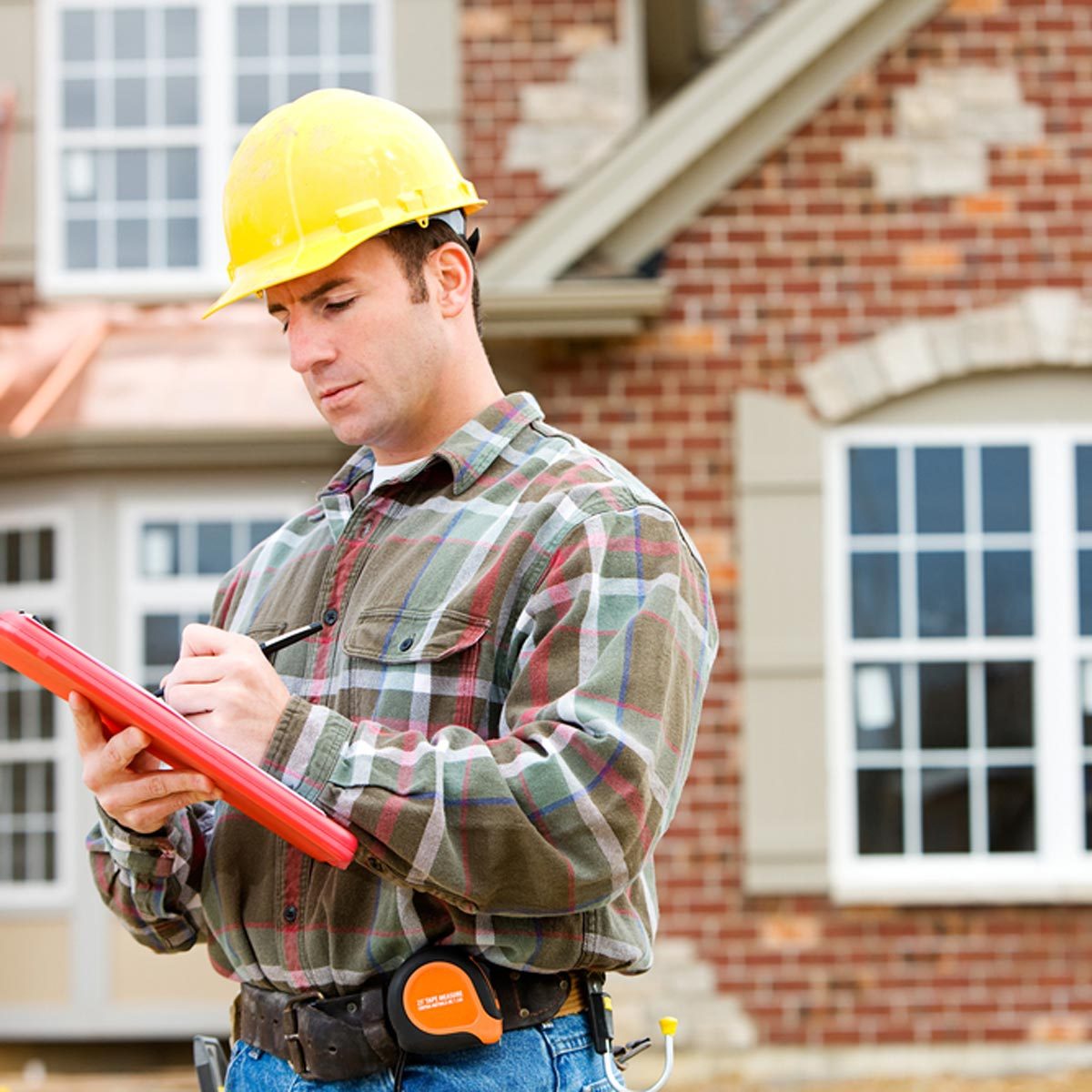 A construction worker in a yellow hard hat writes notes on a clipboard in front of a brick house with large windows and a roof under construction.