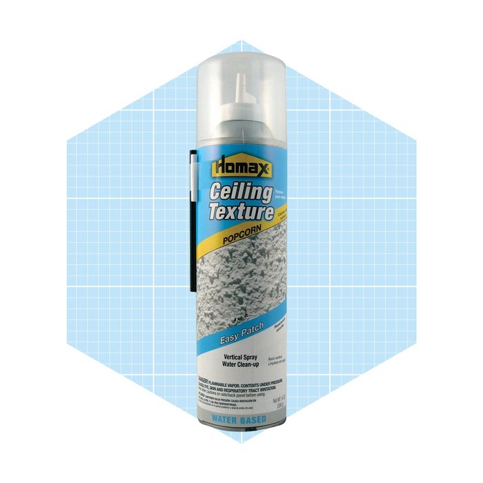 A spray can of popcorn ceiling texture is upright, labeled for easy patch use, set against a light blue grid background.