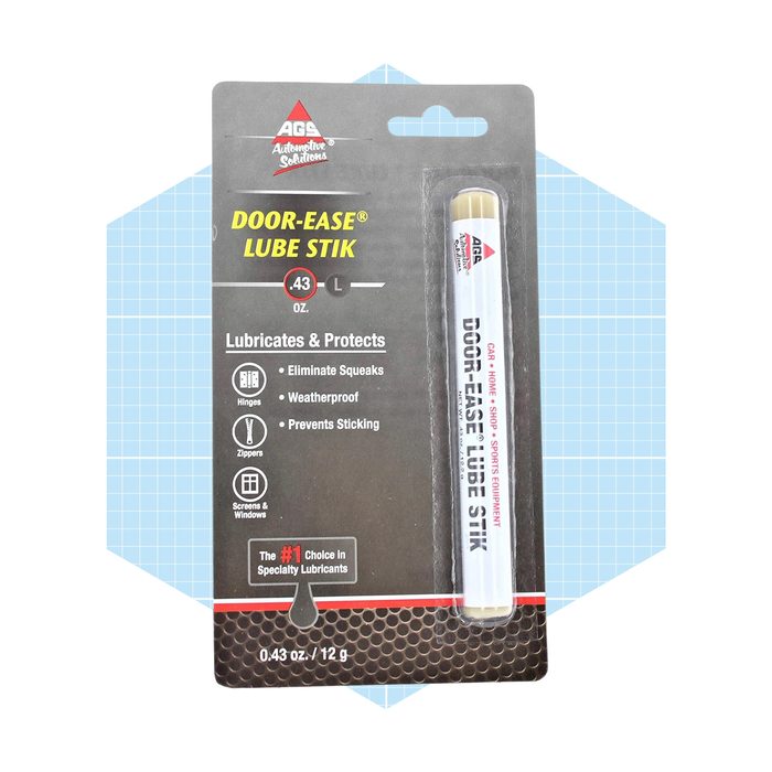 A tube of lubricant in packaging is displayed. It eliminates squeaks, is weatherproof, and prevents sticking, suitable for various applications like doors and zippers.