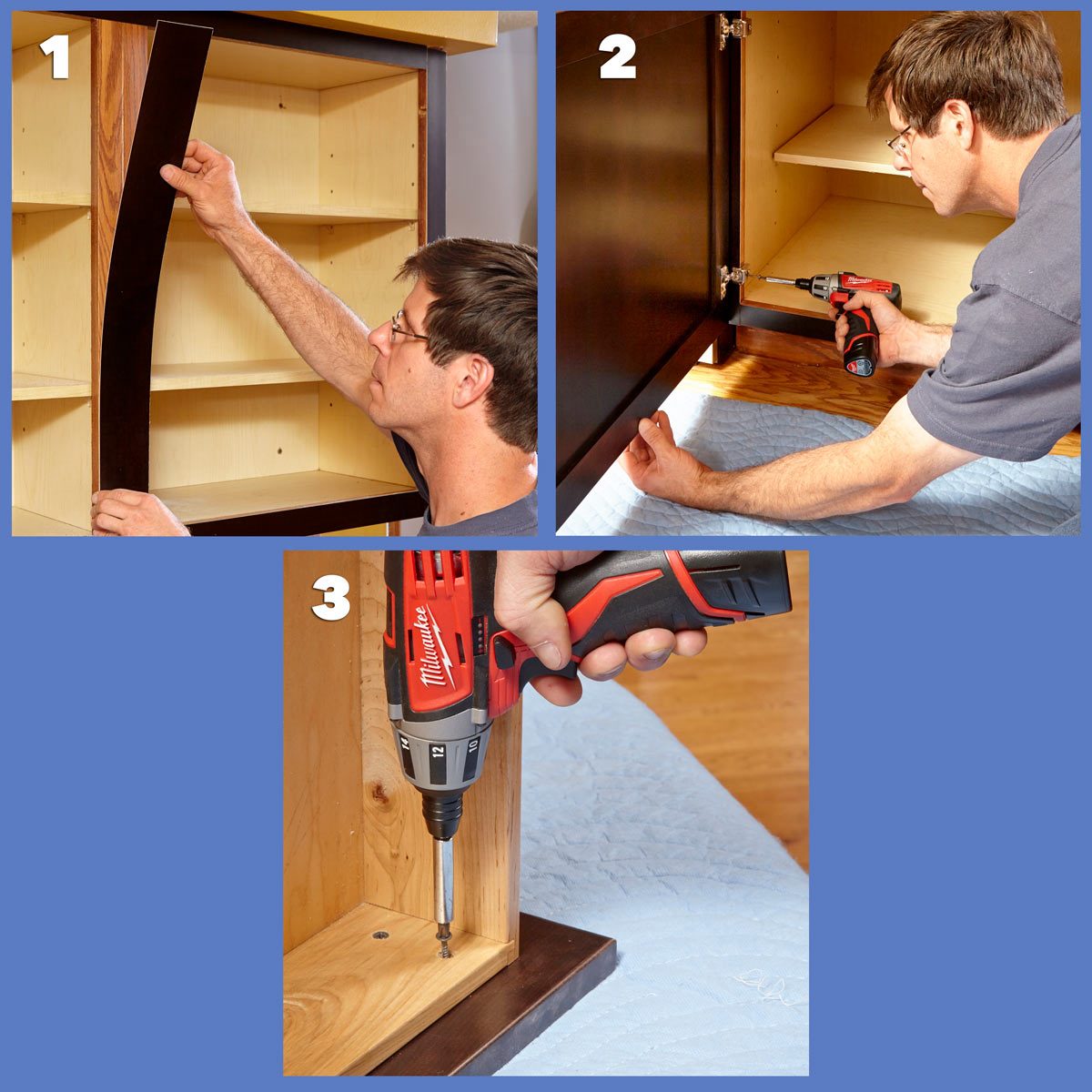 A person installs cabinet doors, using a power drill to secure hinges, surrounded by wooden shelves in a room with a protective covering on the floor.