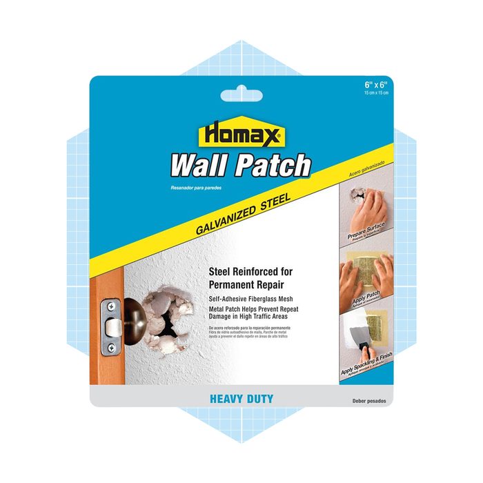 A steel wall patch package displays instructions for repairing holes, showcasing application steps. It features a 6