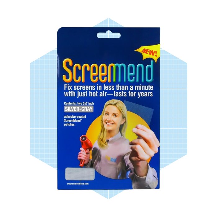 A packaging for ScreenMend displays a smiling woman demonstrating the product, which fixes screens quickly using hot air, against a light blue background.