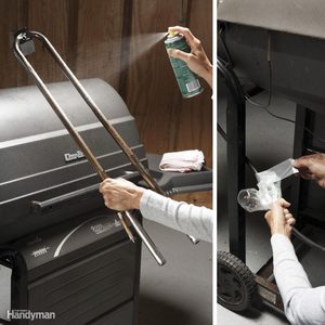 Metal grill tongs are being sprayed with cleaner, while a person retrieves a covered glass piece from a gas grill in a, well-lit, indoor area.