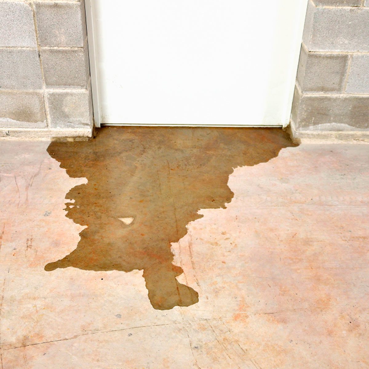 Water spills on a concrete floor near a closed white door, creating a puddle that spreads outward in an irregular shape. The wall is made of gray blocks.